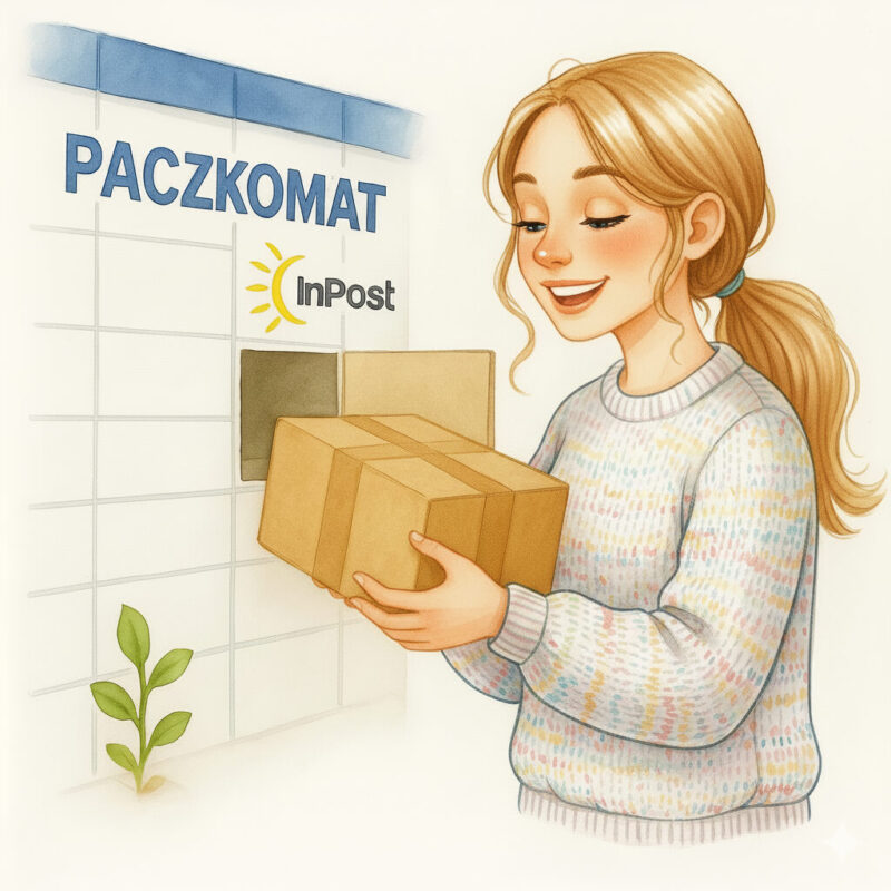 Młoda dziewczyna wyjmuje paczkę z paczkomatu InPost